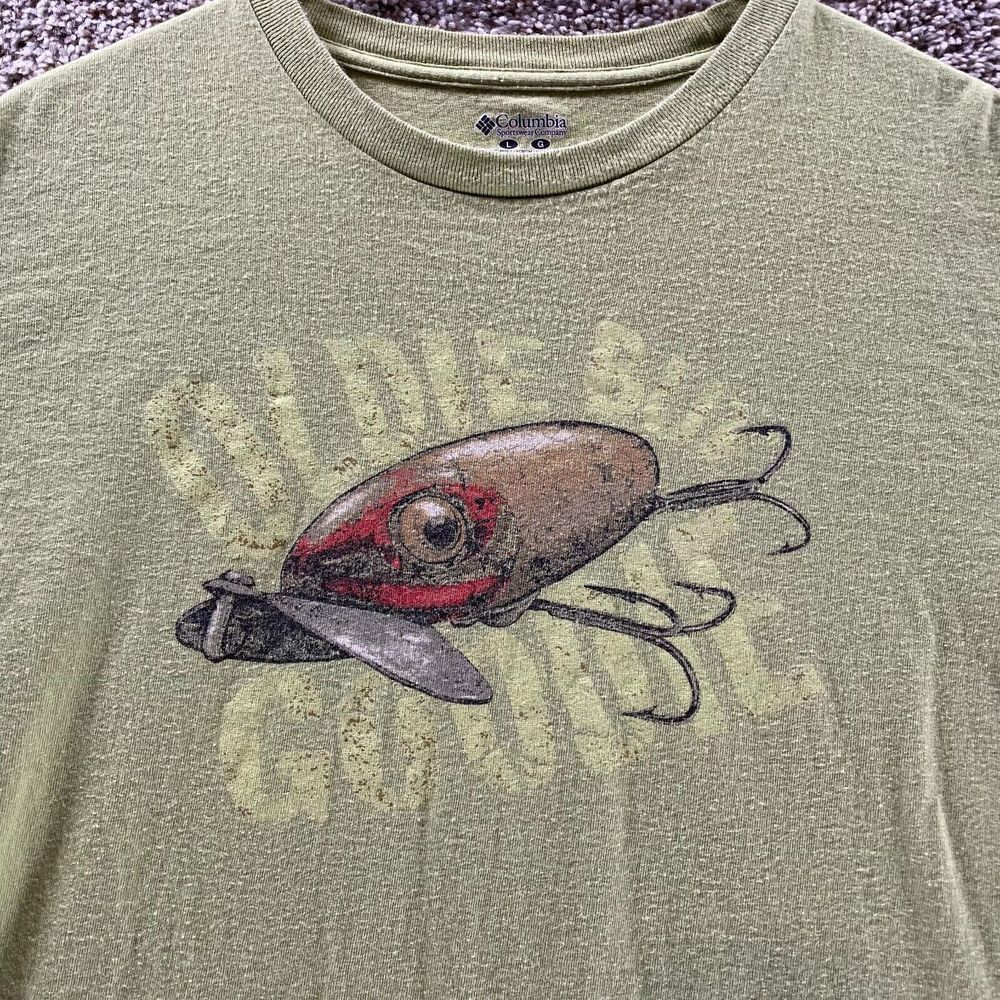 Columbia Shirt Mens Large Green Short Sleeve Outdoors Fishing Goodie Logo Crew - Picture 2 of 7